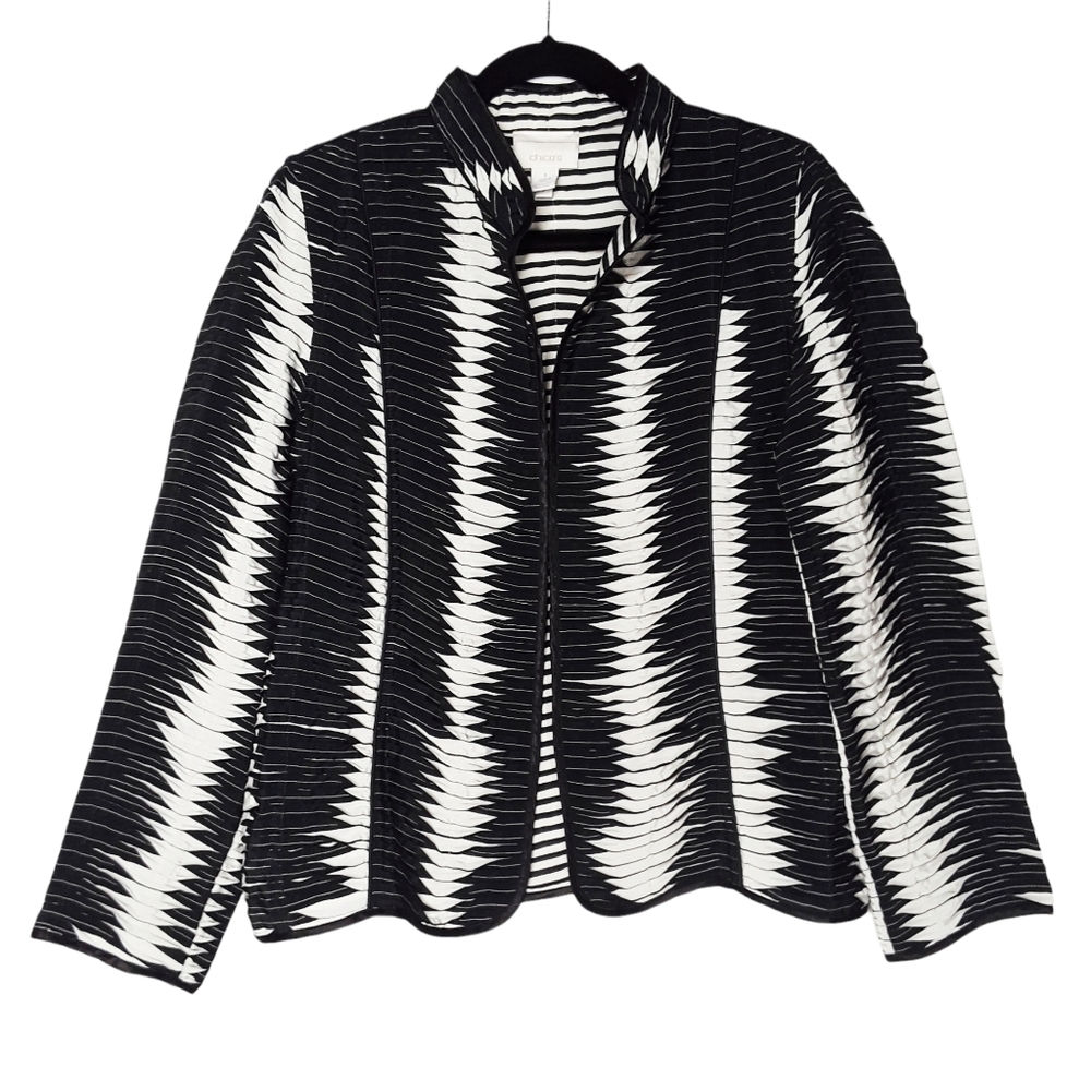 CHICO'S Black White Texture Stripe Long Sleeve Open Blazer Jacket 1 (Medium)